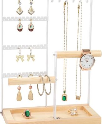 ewelry Organizer Stand, Jewelry Holder, Lengnoy 4 Tier Earring Holder with 48 Holes and 6 Hooks Necklace Organizer Wood Box for Necklace Bracelet Earring Ring, White